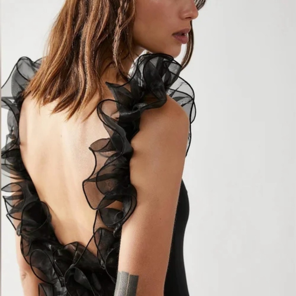 Black Wired Tulle Ruffle Black Bodysuit